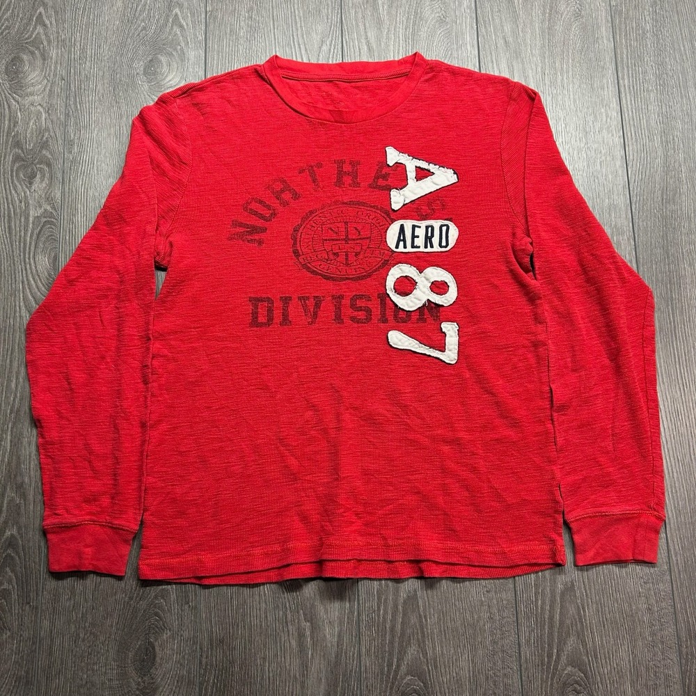 Aeropostale A87 Aero Mens Large Red Long Sleeve Thermal Slub Knit Graphic Shirt